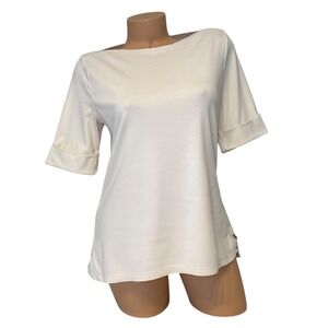 Lauren Ralph Lauren Womens‎ LARGE Boatneck Top Ribbed Knit Short Sleeve Ivory